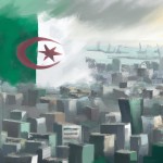 یک تصویر از یک شهر بزرگ که در آن یک پرچم الجزایر قرار گرفته است