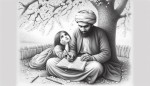 یک شاعر ایرانی 40 ساله که نشسته زیر درختی پرشکوفه، در حال نوشتن است و دختر بچه ای سرش را روی پای او گذاشته و دراز کشیده و به آسمان نگاه می کند