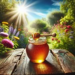 عکس شیشه گون عسل طبیعی که روی میز چوبی در یک باغ قرار دارد رو بساز