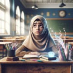 یک دختر مسلمان دانش آموز نگران پشت میز کلاس درسی
