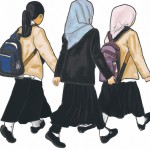 نقاشی چند دختر دانش آموز مسلمان با مانتو و شلوار و مقنعه و کوله پشتی مدرسه که دست در دست هم دارند از پشت سرشان