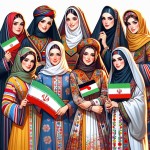 بانوان ایرانی با حجاب که با لباس محلی اقوام مختلف باشن و پرچم ایران در دستشان - اقوام مازندرانی ، ترکی ، عرب ، کرد ، بلوچ ، لر - موهاشون مشخص نباشه