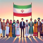 اقوام ایرانی در کنار هم با پرچم رسمی ایران