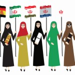 بانوان ایرانی با حجاب که با لباس محلی اقوام مختلف باشن و پرچم ایران در دستشان - اقوام مازندرانی ، ترکی ، عرب ، کرد ، بلوچ ، لر