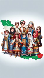 بچه های ایرانی با لباس اقوام ایران در نقشه ایران با شادی و لبخند . با لباس محلی