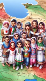بچه های ایرانی با لباس کردی و لری و بلوچ و عربی و ترکی و شمالی با لبخند در نقشه ایران