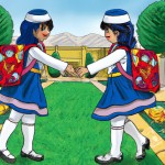 دانش آموزان دختر ایرانی با لباس های سنتی دست در دست هم در حیاط مدرسه