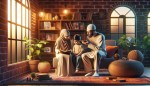 تصویر یک پدر و مادر ایرانی که دارند فرزند خود درس یاد می دهند در محیط خانه