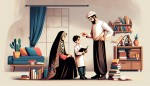 تصویر یک پدر مادر ایرانی فارسی مادر با لباس چادر و پدر با پیراهن سفید و شلوار مشکی که دارند به فرزند خود که یک پسر و دختر  در خانه آموزش می دهند