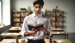 تصویر یک معلم جوان ایرانی با پیراهن سفید و شلوار مشکی که یک کتاب در دست دارد و به روبه نگاه می کند