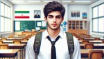 تصویر یک دانش آموز ایرانی پسر دبیرستانی که یک کلاس درسی که پیراهن سفید و شلوار مشکی دارد و یه کیف روی دوشش است داره به رو به رو نگاه می کند پشت سرش هم بک گراند مدرسه هست