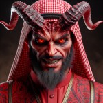 مردی بسیار بدجنس و شیطانی با شاخ و چشمانی قرمز و لباس عربی قرمز بساز