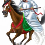 مردی چشمانی کامل قرمز رویه یک اسب با لباس عربی که شمشیر در دست اوست