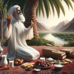 یک تصویر بساز از یک مرد ایرانی با لباس های سفید و ریش سفید که در زیر درخت نخل زانو زده است و دستانش به سمت بالا است و در حال عبادت کردن است و زیر پای او فرش ایرانی قرمز پهن است و در کنارش رودخانه ای قرار دارد و در جلوی او یک سفره پهن است که روی سفره خرما و نان و یک لیوان شیر است