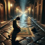 یک تصویر بساز از یک خیابان در تهران که جوانی در شب در خیابان در حال نماز خواندن است