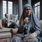 یک زن با حجاب و جوان در خانه روی مبل در حال گریه کردن نشسته است و به یک مرد در کنار او در حال خواندن روزنامه است و بسیار عصبانی است نگاه میکند