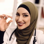یه خانم دکتر مسلمان با حجاب ایرانی که قرص دستشه رو به دوربین و لبخند میزنه. تو مطبشعه