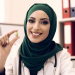 یه خانم دکتر مسلمان با حجاب ایرانی که قرص دستشه رو به دوربین و لبخند میزنه. تو مطبشعه