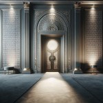 یک تصویر از دیوار یک هتل یا عمارت که یک در در وسط دارد و کنار ها با  طرح کاغذ دیواری مدرن و عریض کار شده
