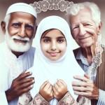 یک تصویر از یک دختر کوچک با چادر نماز سفید گل گلی به همراه یک پسر بزرگتر و یک پیر مرد