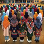 تصویر چند دانش آموز ابتدایی با پوشش مانتو ومقنعه موها کاملا پوشیده تصویر از پشت بچه ها باشه دست در دست هم