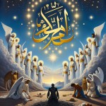 یک آسمان ابی صاف واقعی که کلمه الله به زبان عربی بارنگ طلایی بالای آسمان و پایین کلمه الله  و دایره وارپنج نورچینش شود پایین تصویر یک مرد زیبا با لباس سفید بلند که فرشته ها روبروی او هستند واو را سجده میکنند گوشه سمت چپ یک شیطان سیاه که مرد را سجده نکرده است