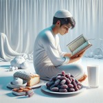 یک جوان ایرانی در یک محیط سفید است و در حال قرآن خواندن در ماه رمضان است که در جلوی او یک ظرف خرما و تکه ای نان و یک لیوان شیر است