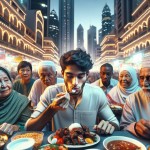 یک تصویر بساز یک یک جوان در ماه رمضان در شهر جلوی دیگران در حال خوردن غذا است و ئیگران با تعجب به او نگاه می کنند