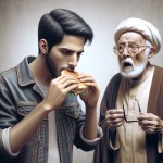 یک تصویر بساز از یک جوان ایرانی که در حال خوردن ساندویچ است که در کنار او یک پیر مرد ایستاده است و او را با تعجب نگاه می کند