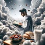 یک جوان ایرانی در بین ابر ها ایستاده است و در حال قرآن خواندن در ماه رمضان است که در جلوی او یک ظرف خرما و تکه ای نان و یک لیوان شیر است