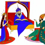 شهریار شاه ایرانی روی تخت و شهرزاد قصه گو در حال قصه گفتن برای پادشاه در کنار تخت