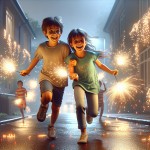 دو کودک 8 ساله ایرانی در دستشان فشفشه و وسایل آتش بازی گرفته اند و در خیابان در حال دویدن و خوشحالی هستند