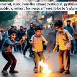 دو پسر ایرانی 8 ساله در خیابان در حال بازی هستن انفجار کوچکی در کنار آنها اتفاق افتاده و قسمتی از خیابان آتش گرفته است