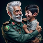 یک پلیس ایرانی با لبس=اس سبز و با موهای سفید یک کودک پسر ایرانی را در آغوش گرفته است و در حال خندیدن هستند