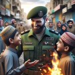 پلیس ایرانی با لباس سبز و بی هیچ کلاهی در حال خندیدن به همراه دو کودک پسر ایرانی است که در خیابان کنار آتش ایستاده اند