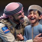 یک پلیس ایرانی یک کودک پسر ایرانی را در آغوش گرفته است و در حال خندیدن هستند