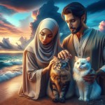 عکس ی مرد و زن و دوتا گربه کنار دریا