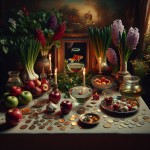 "سفره هفت‌سین نوروزی با سبزه، سیب سرخ، سکه‌های درخشان، سیر، سمنو، سنجد و سرکه. آینه، شمع‌های روشن، سنبل‌های شکفته و تنگ ماهی قرمز، در فضایی سرشار از نور و امید."
