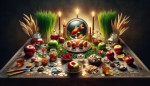 سفره هفت‌سین نوروزی با سبزه، سیب سرخ، سکه‌های درخشان، سیر، سمنو، سنجد و سرکه. آینه، شمع‌های روشن، تخم مرغ های نقاشی شده، ماهی های قرمز در تنگ شیشه ای