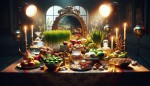 سفره هفت‌سین نوروزی با سبزه، سیب سرخ، سکه‌های درخشان، سیر، سمنو، سنجد و سرکه. آینه، شمع‌های روشن، تخم مرغ های نقاشی شده، ماهی های قرمز در تنگ شیشه ای