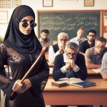 یک خانم معلم چادیر سیاه و مقنعه ایی با عینک آفتابی ووکلاس پسران 35 ساله دانش آموزان خانم معلم چوب به دست درحال تنبیه یکی از پسران بصورت فلک