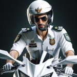 یک تصویر بساز از یک پلیس مرد ایرانی با لباس سفید و موتور سفید و کلاه موتور سواری سفید و عینک آفتابی