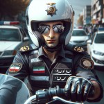 یک تصویر بساز از یک پلیس موتور سوار جوان ایرانی که کلاه موتور سواری سفید و عینک آفتابی دارد