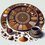 واسم یه لوگو برای پیج فروش قاووت کرمانی بساز. فضا و طرح رومیزی سنتی باشه.توی یه سینی گرد و دایره ای شکل مواد قاووت چهل گیاه مرتب کنار هم باشن. و کنار سینی توی یه کاسه قاووت چهل گیاه به صورت پودر قهوه ای رنگ باشه و کنار سینی یه استکان چای هم بذار. نمای تصویر از روبرو باشه