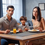 یک تصویر واقعی با جزئیات از یک زوج جوان با پوشش مناسب تو یک خونه ساده ولی تمیز و زیبا برام بساز که اون زن و شوهر در حال خوردن شام هستند و پسر کوچیک ۶ سال‌شون هم کنارشون نشسته و مرد داره به همسرش انتقاد میکنه.