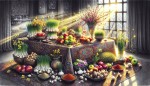 یک سفره هفت‌سین سنتی ایرانی با چیدمانی زیبا و منظم: سبزه، سیب، سیر، سماق، آینه، تخم‌مرغ رنگی، سفره با پارچه‌ای اصیل پوشیده شده و گل‌های بهاری اطراف آن را احاطه کرده‌اند. نور خورشید از پنجره می‌تابد و فضای شاد و پرطراوت نوروز را تکمیل می‌کند.