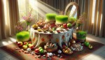 یک سفره هفت‌سین سنتی ایرانی با چیدمانی زیبا و منظم: سبزه، سیب، سیر، سماق، آینه، تخم‌مرغ رنگی، سفره با پارچه‌ای اصیل پوشیده شده و گل‌های بهاری اطراف آن را احاطه کرده‌اند. نور خورشید از پنجره می‌تابد و فضای شاد و پرطراوت نوروز را تکمیل می‌کند.