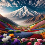 یک تصویر بساز از قله دماوند که در زیر آن گلزار با گل های رنگارنگ وجود دارد