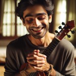 پسر جوانی که یک ساز موسیقی هدیه گرفته و بسیار خوشحال است