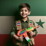 عکس یک پسربچه ۶ ساله با لباس نظامی ایران درحالیکه با لبخند نگاه می‌کند و بیسیم در دست دارد با بک گراند مات پرچم ایران بساز